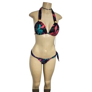 KHE WELLA Vibrant Leaf Print Halter Bikini And Top. Size M